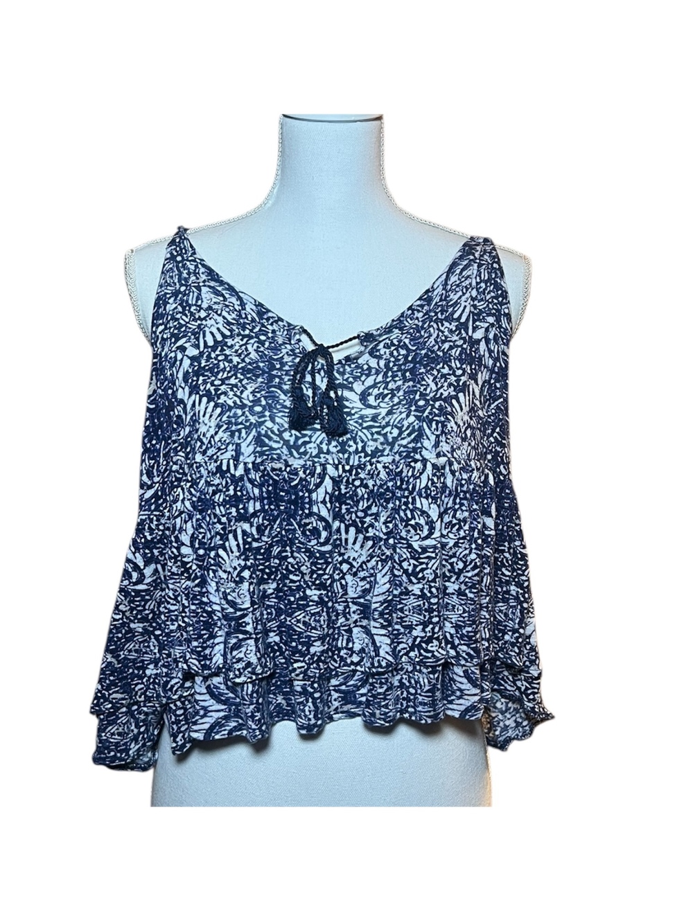 Aéropostale Boho Navy Printed Crop Cami Tank Top Lace Back Tassels XL